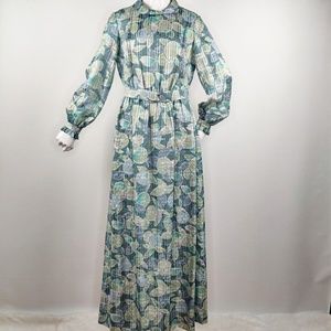 Vintage 70s Silky Metallic Belted Hostess Dress M